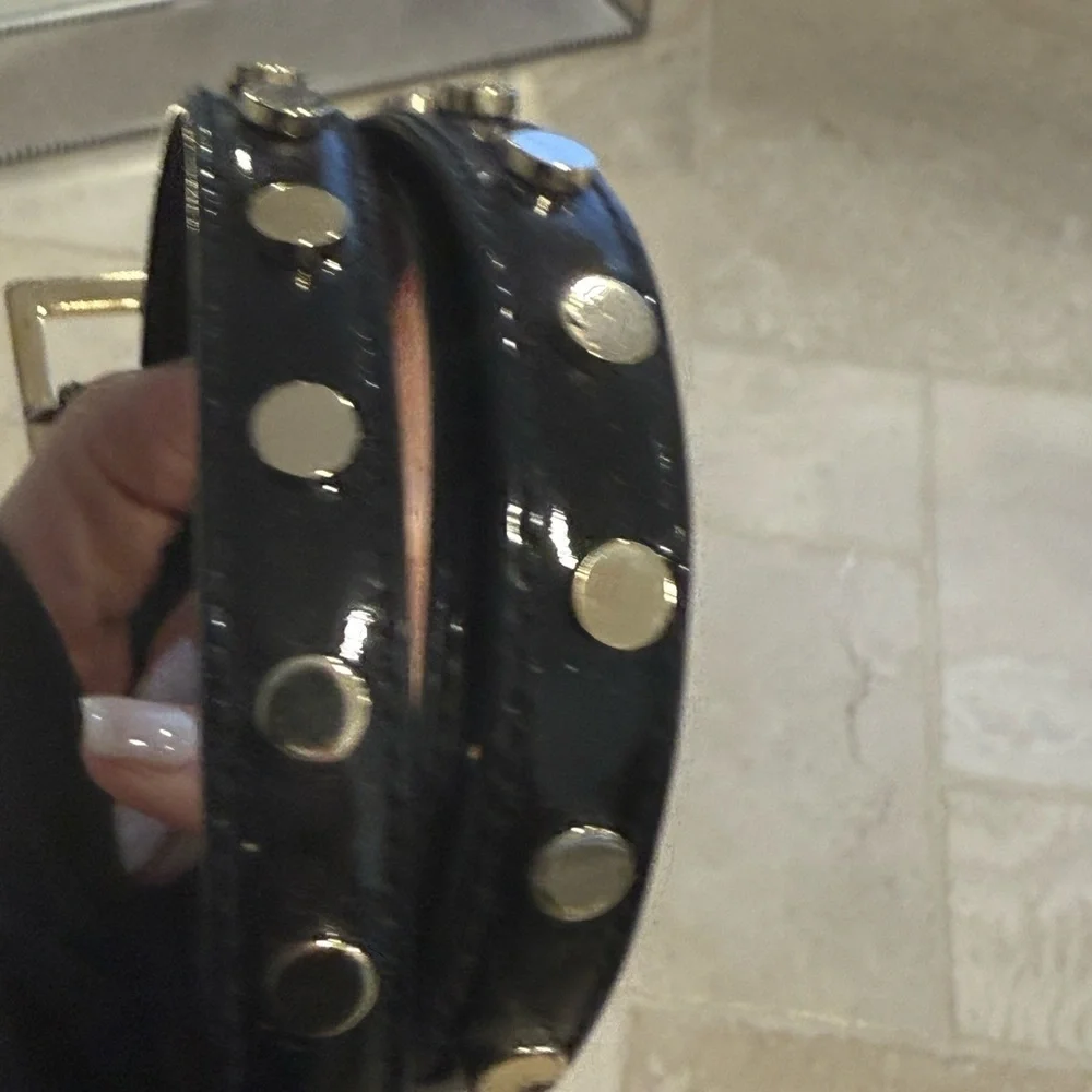 Escada Vintage early 1990's thin black patent belt with gold embellishments